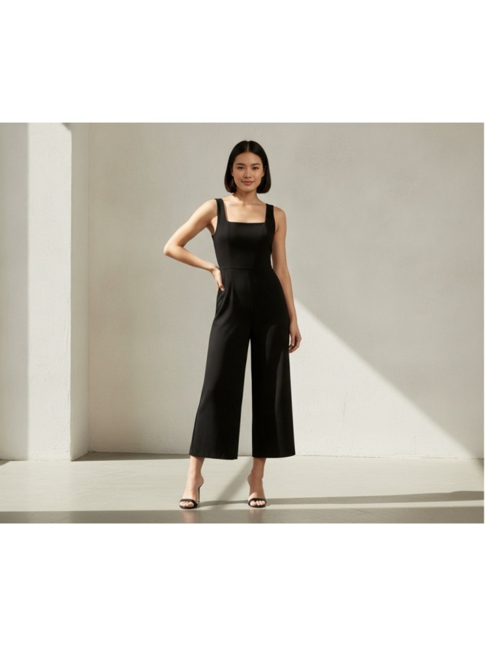 River Island black cropped pants wide leg jumpsuit romper Sz 10 Medium
